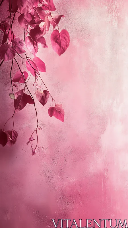 Pink vine leaves cascade against softly textured wall.