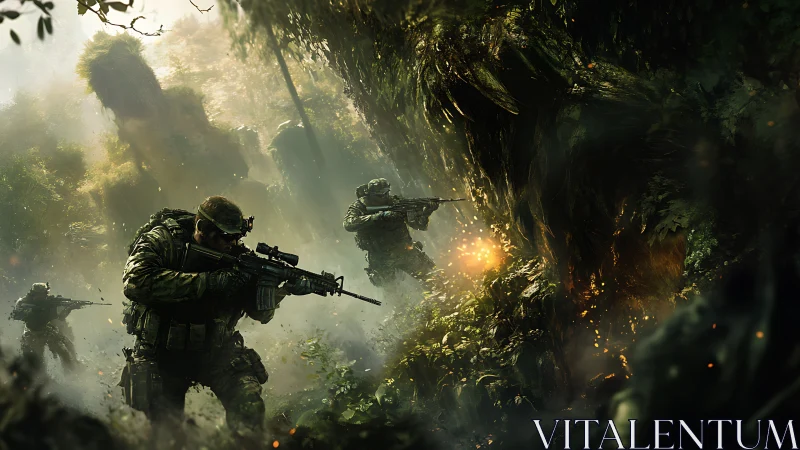 Special forces fire through dense jungle under hostile ambush