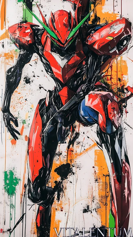 Dynamic mecha combat pose in abstract splatter composition.