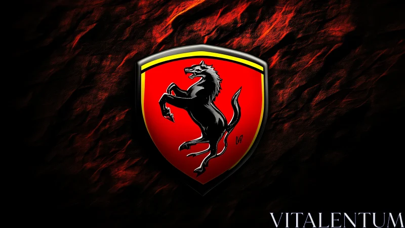 Prancing black stallion vaults from a molten-red shield