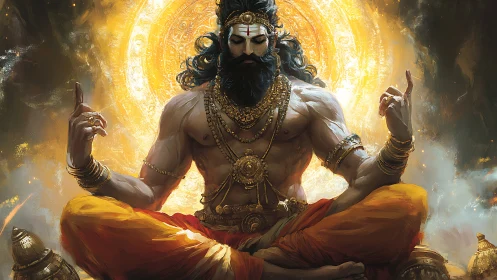 Radiant yogi in golden meditation amid swirling light.