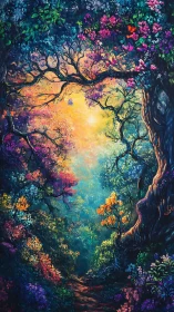 Vibrant enchanted forest path under glowing sunset sky