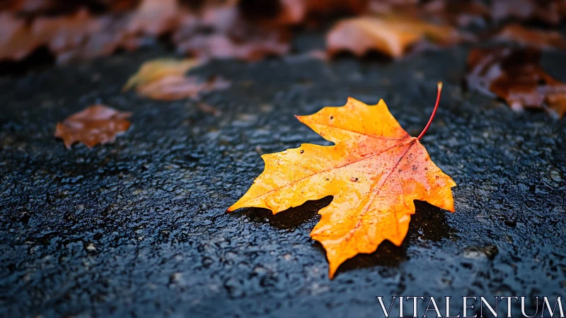 Lone amber maple leaf resting on a rain-darkened street.