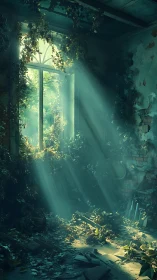 Overgrown abandoned room with light through tall window.