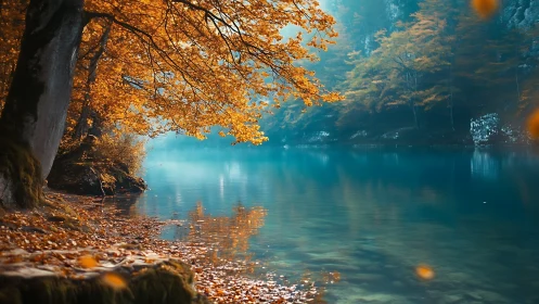 Autumn shoreline with golden foliage over tranquil cyan lake