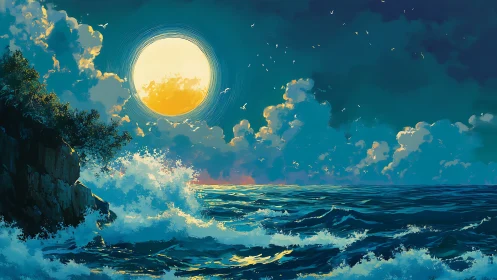 Radiant moon ignites stormy ocean under towering clouds.