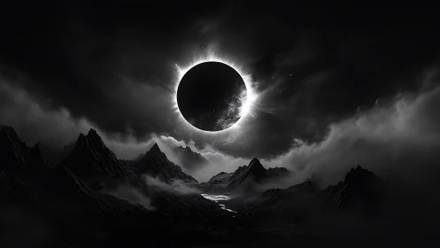Total eclipse above jagged mountains rendered in high-contrast digital art