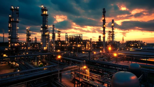Photorealistic petrochemical complex at dusk with linear grids.