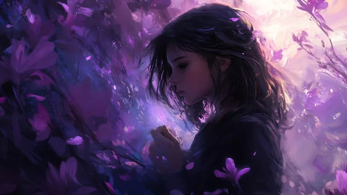Melancholic girl in violet blossoms rendered as painterly light