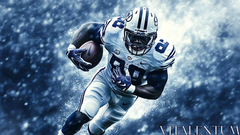 Powerful football runner surges ahead through icy blue storm