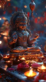 Bronze deity statue with ritual lamps and offerings at night.