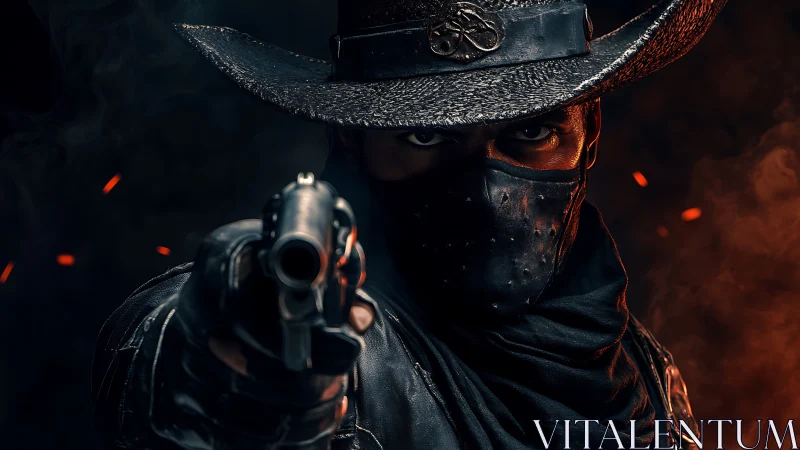 Masked gunslinger aiming revolver in dramatic orange light.