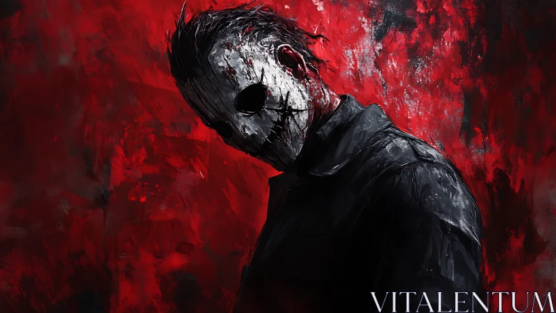 Masked figure in dark clothing against red painted background.