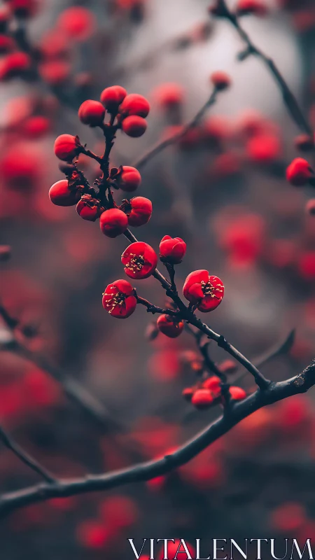 Red berries on dark branches stand out against blurred background