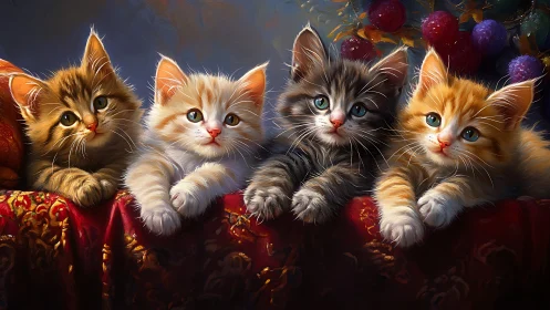 Four Fluffy Kittens in Holiday Setting.