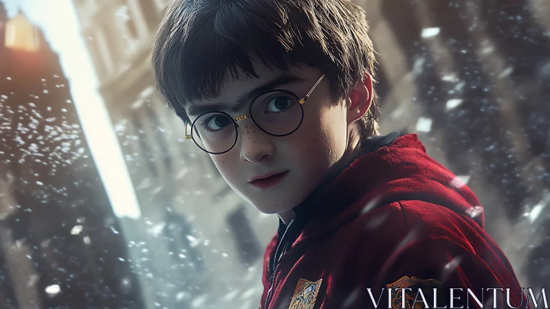 Young wizard in red robe pauses amid swirling city snow