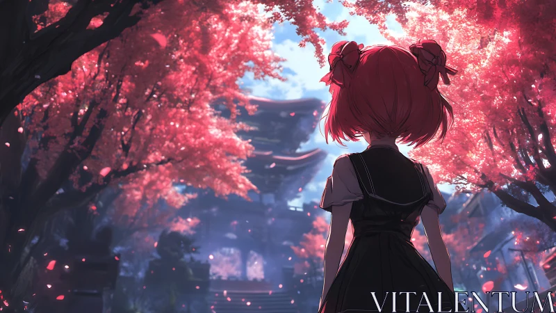 Girl with red hair stands under vivid cherry blossoms.