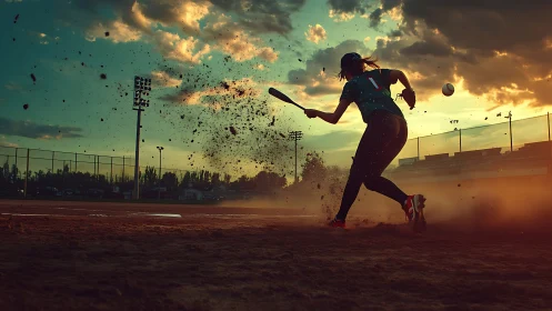 Sunset softball hitter swings with power across dusty field