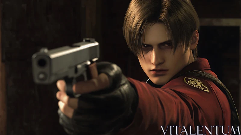 Determined armed character aiming handgun in close focus.