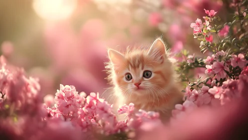 Ginger Kitten Among Pink Flowers in Soft Garden Light.