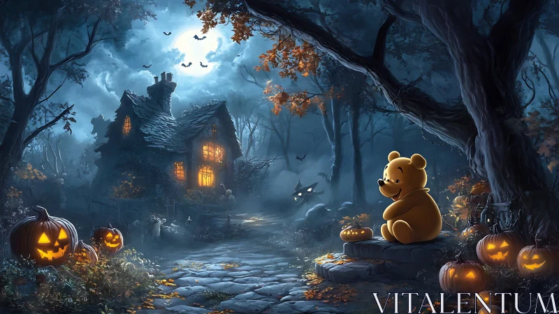 Honey-bear sentinel in a moonlit jack-o&rsquo;-lantern forest.