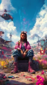 Post-apocalyptic street rebel in neon wasteland environment.