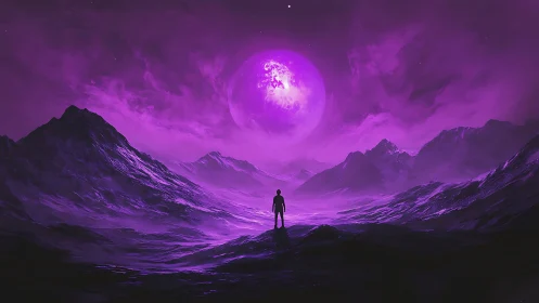Digital painting of lone figure beneath luminous violet moon.