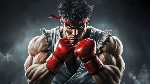 Martial artist in red gloves against dark smoky backdrop.