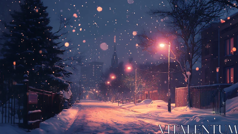 Snowy city street glows softly under winter night lights