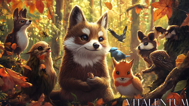 Autumn woodland creatures in cinematic golden forest light.