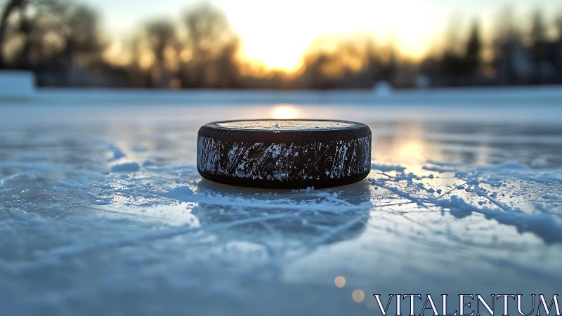 Weathered hockey puck on frozen outdoor rink at sunset.