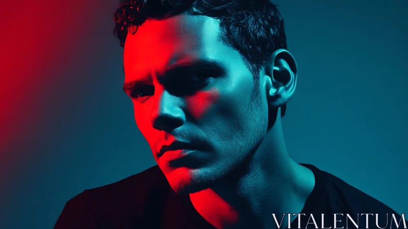 Moody male portrait under bold red and cyan neon lighting
