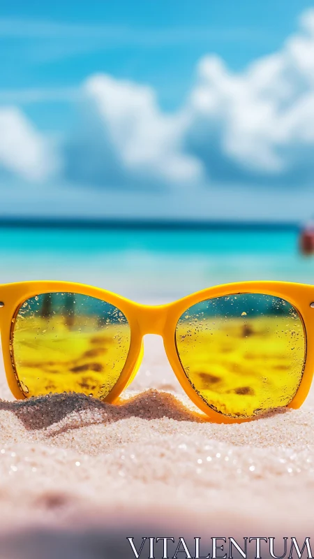 Yellow sunglasses rest on sunlit tropical beach sand.