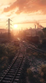 Sunset rails curling toward a smoky city horizon glow.