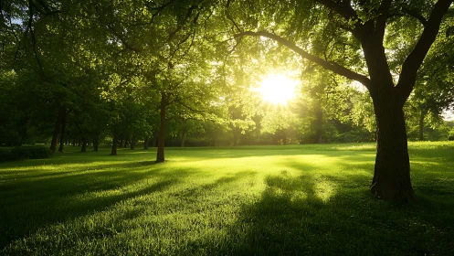 Sunlit green park with trees casting strong shadows.
