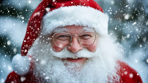 Smiling Santa portrait in snowfall with festive red suit.