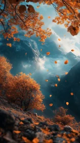 Autumn leaves tumble through misty mountains like fiery confetti