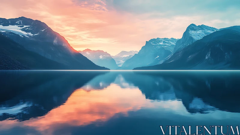 Glacial mountain lake mirrors vivid pastel sunrise sky