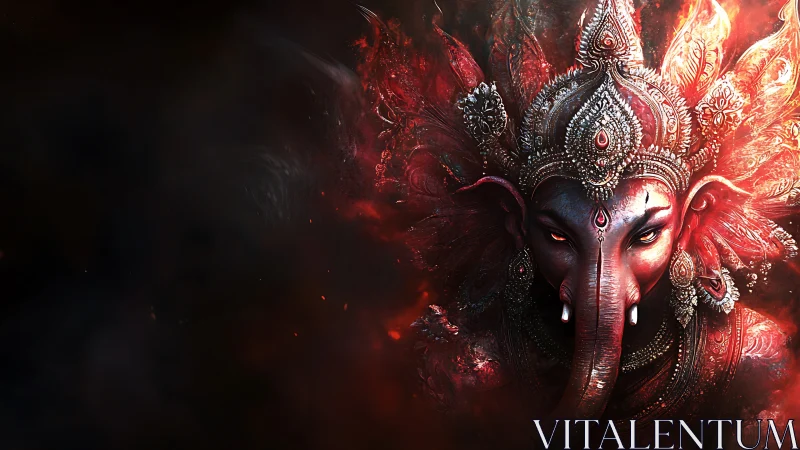 Red elephant-headed deity portrait emerges from dark void