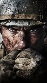 Close frontal view of muddy soldier with helmet and gloves.