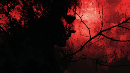 Silhouetted human profile against abstract red background.