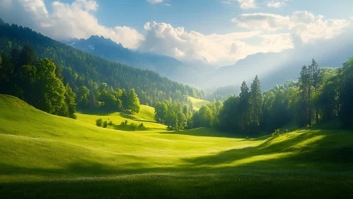 Morning light gently embraces peaceful mountain meadows