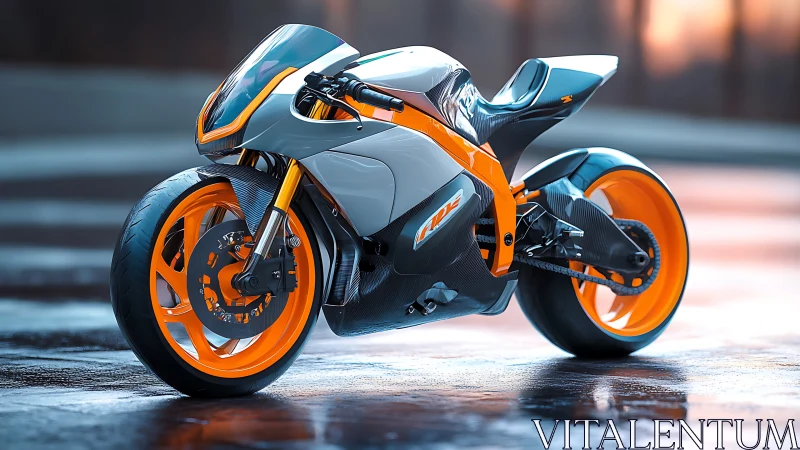 Neon dawn superbike straddling rainlit asphalt hush.