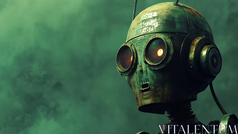 Corroded binocular robot head in cinematic green haze profile.