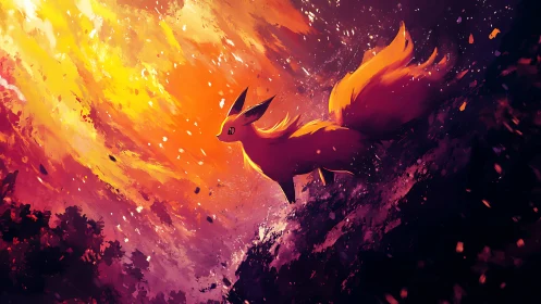 Volumetric-lit fox creature against turbulent abstract firestorm