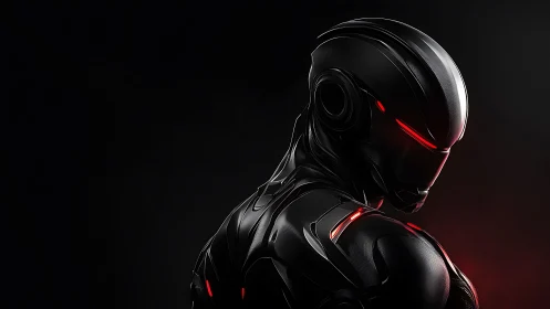 Futuristic combat android glares through shadows with red light