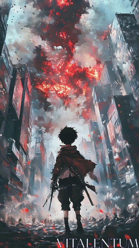 Lone youth confronts burning sky over shattered city street