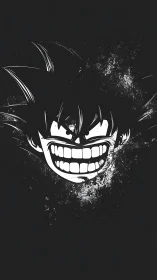 Grinning monochrome anime face on distressed black field.