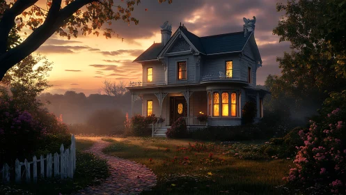 Victorian house at dusk with illuminated windows and garden.