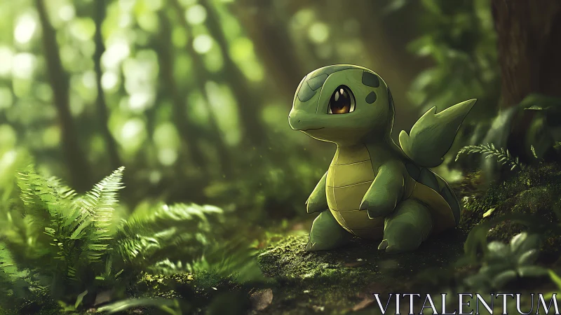 Small green dragon creature sits on mossy forest floor